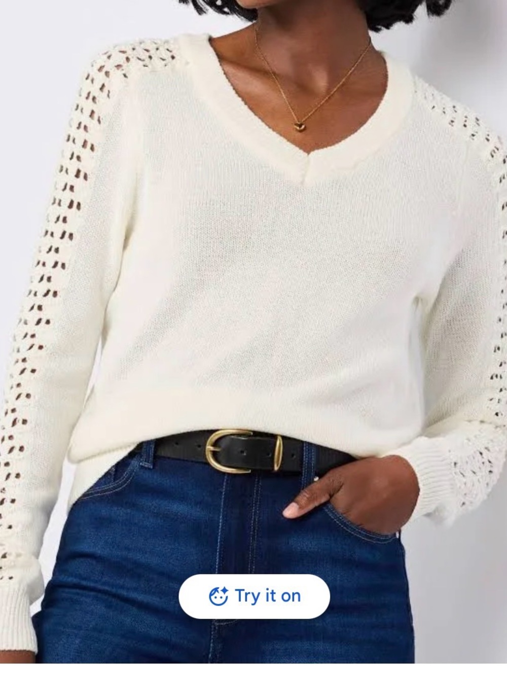 Market & Spruce Off-White Open-Stitch V-Neck Sweater